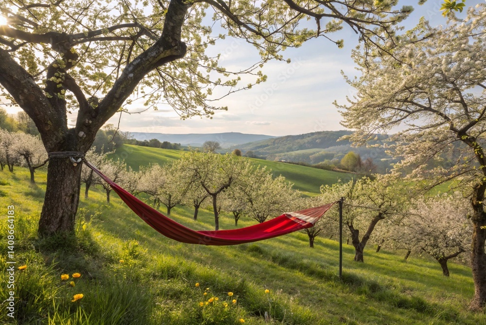 Beautiful landscape with red hammock in the spring garden with blooming apple trees, sunny day. Concept for relaxation, rural tourism. Selective focus-generated by ai Beautiful landscape with red hammock in the spring garden with blooming apple trees, sunny day. Concept for relaxation, rural tourism. Selective focus-generated by ai