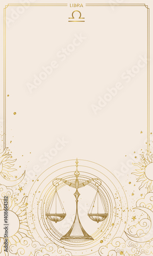 Libra zodiac sign, vintage hand drawn illustration, graphic modern astrology chart with copy space for text, horoscope on light background with stars.