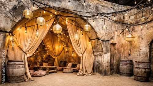 Ambient cave setting featuring drapes, pillows, barrels, lighting, and a table arrangement