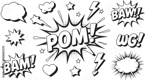 Dynamic BAM POM BAW Line Art – Bold White Graphics for Creative Designs