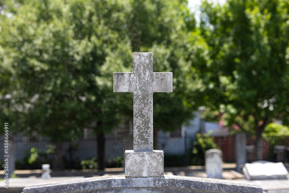 Stone cross tombstone, ornate, sculpture topper Stone cross tombstone, ornate, sculpture topper