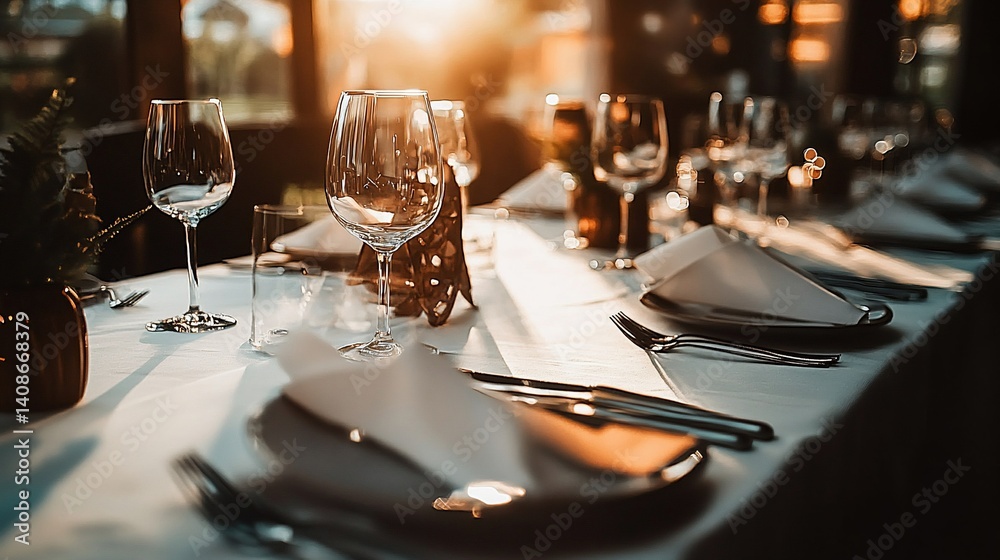 Elegant Table Setting with Wine Glasses and Silverware for a Fine Dining Experience Elegant Table Setting with Wine Glasses and Silverware for a Fine Dining Experience