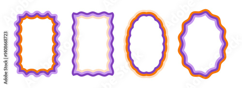 Retro wavy pattern frame set. Scalloped ellipse and rectangle border collection. Wavy edge shapes in 70s or 80s style for text box, copy space, poster, banner. Vintage wiggly element pack. Vector