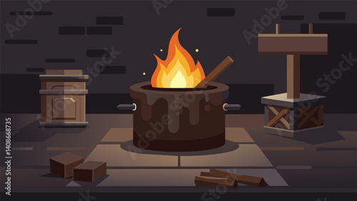 In the dimly lit workshop the flickering flames of a small fire are used to gently heat and temper the chocolate giving it a glossy finish and perfect texture.. Vector illustration