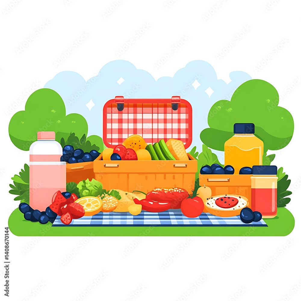 Fototapeta premium Picnic basket filled with fruits and vegetables on a grassy field