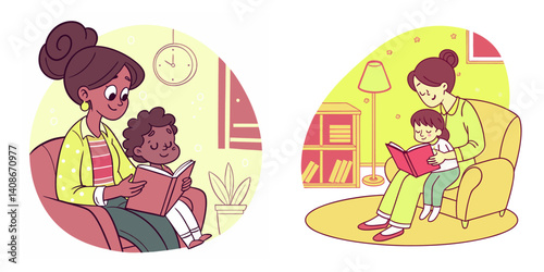 Ilustraciones de madres leyendo a niños - Momentos de aprendizaje y conexión familiar