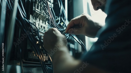 Electrician fixing wires inside an electrical panel. Featuring precision and focus photo