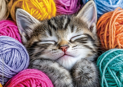 Kitten Sleeping in Colorful Yarn