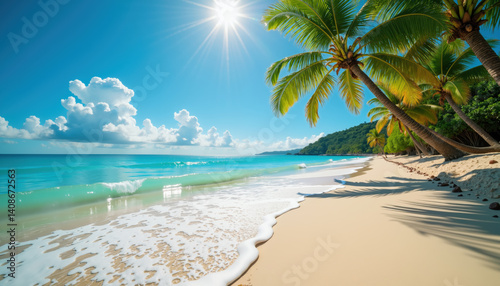 Fototapeta Naklejka Na Ścianę i Meble -  A serene beach with palm trees leaning over pristine white sand and clear turquoise water under a bright sunny sky.