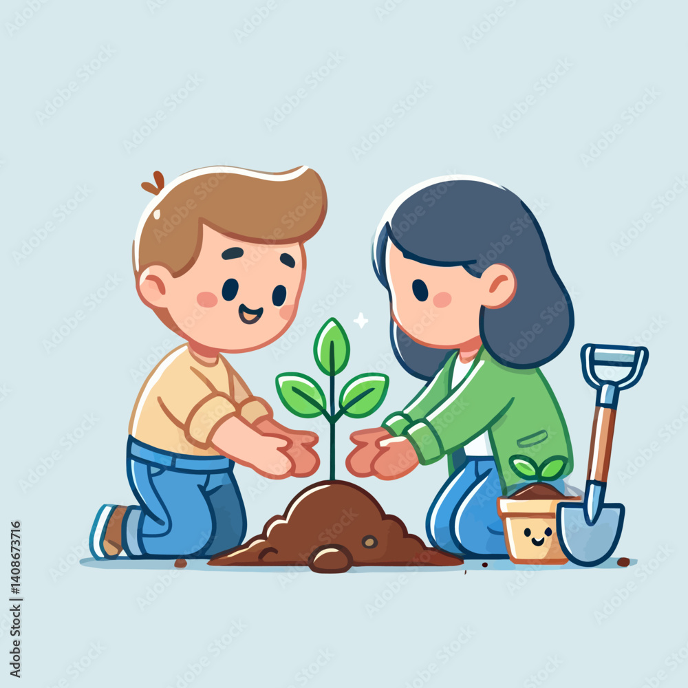 Two Children Planting Young Tree Sapling in Flat Design Two Children Planting Young Tree Sapling in Flat Design