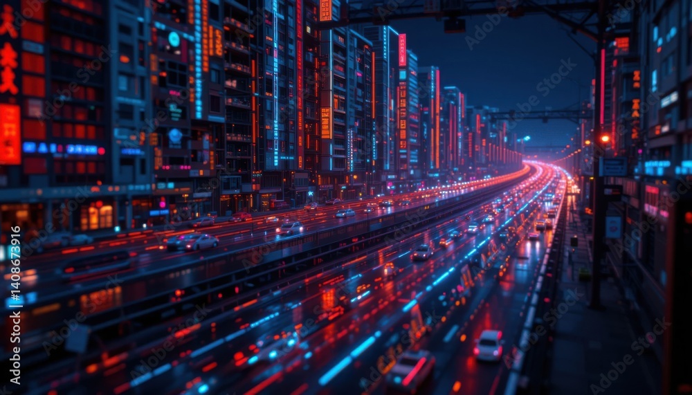 Fototapeta premium Neon Lights, Highways, and Skyscrapers