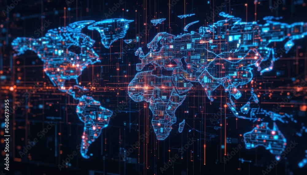 Naklejka premium Global Digital Connectivity Map, Visualization, Technology, Data Network, Modern Environment