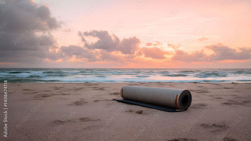 Yoga mat on beach at sunset, soft pink and orange sky, ocean waves in distance, peaceful coastal moment Yoga mat on beach at sunset, soft pink and orange sky, ocean waves in distance, peaceful coastal moment