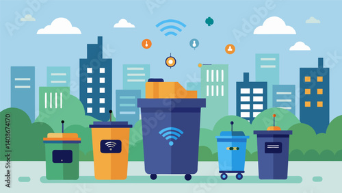 A smart waste management system in a city where bins are equipped with sensors that notify sanitation workers when they need to be emptied reducing unnecessary pickups and. Vector illustration