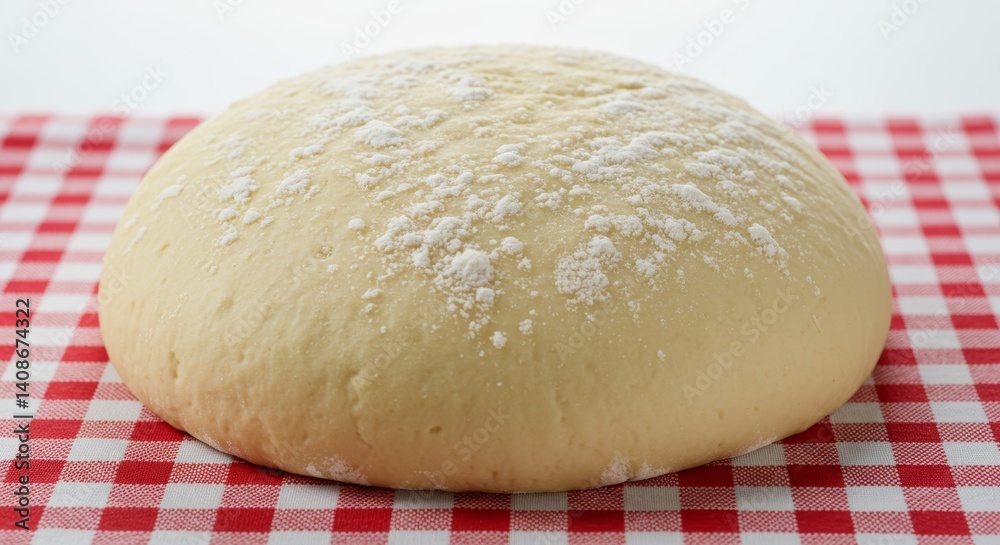 Close-up of a smooth risen dough ball dusted with flour on checkered cloth Close-up of a smooth risen dough ball dusted with flour on checkered cloth