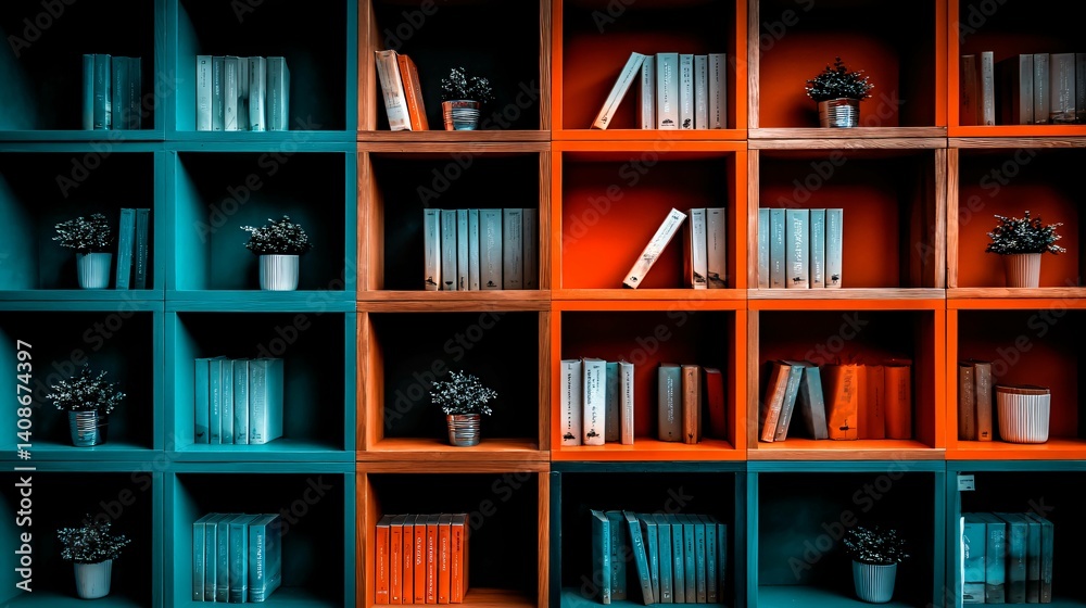 Bookshelf with plants books and small plants organized in cubbies, alternating colors Bookshelf with plants books and small plants organized in cubbies, alternating colors