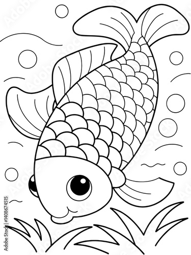 koi fish coloring page in A4 size, cute cartoon style with underwater scene, inspired by Japanese and Chinese culture, ready to print on standard 8.5x11 inch paper

