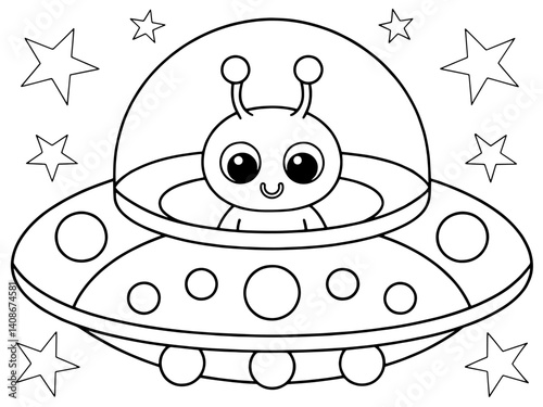  alien in a flying saucer surrounded by stars in space-themed coloring page for kids, featuring cartoon UFO, cheerful extraterrestrial character, and imaginative outer space exploration design.