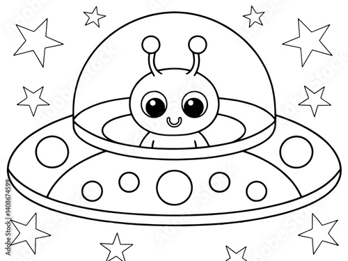 Alien in Spaceship Coloring Page for Kids – Fun Outer Space Activity with Stars, UFO, Smiling Cartoon Character, Imagination and Creativity Development, Printable Educational Material
