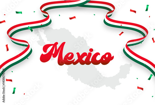 Fondo de Mexico con elementos como banderas, confeti y la silueta del territorio mexicano para celebrar su independencia en septiembre