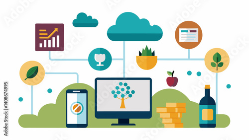 Intelligent software integrates data from various sources such as soil sensors weather forecasts and pest alerts to create a detailed management plan for the vineyard optimizing. Vector illustration
