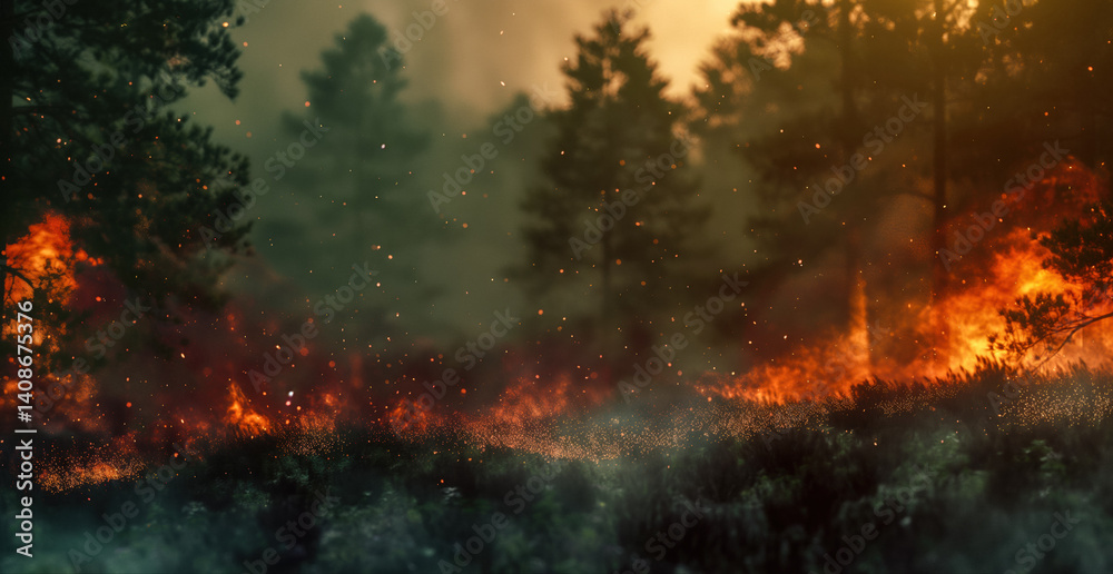 Fototapeta premium Dramatic generative AI rendering of a forest wildfire engulfing trees in flames. Ideal for illustrating environmental disasters, climate change, and emergency response.
