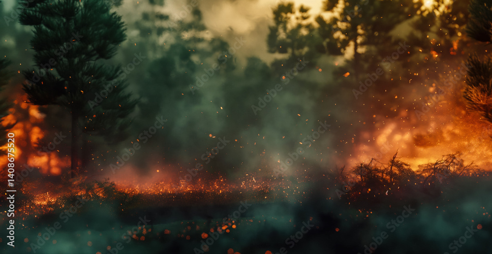 Fototapeta premium Dramatic generative AI rendering of a forest wildfire engulfing trees in flames. Ideal for illustrating environmental disasters, climate change, and emergency response.
