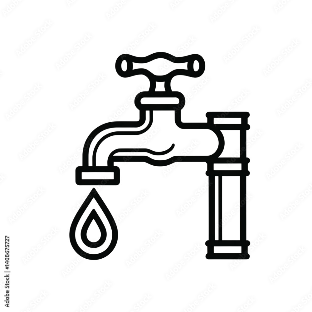 Water Faucet Line Art Icon with Drop and Pipe