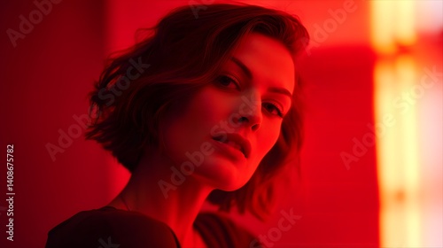 A stylish woman in red glow, side-lit portrait with vibrant bokeh, exuding bold confidence and modern allure