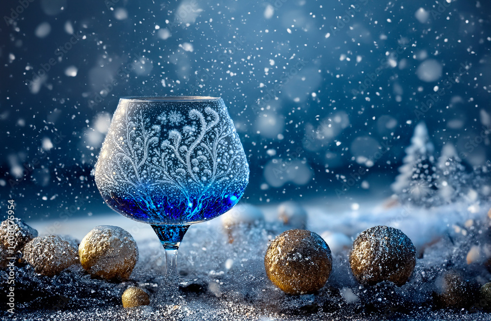 Christmas balls and a blue glass in the snow
