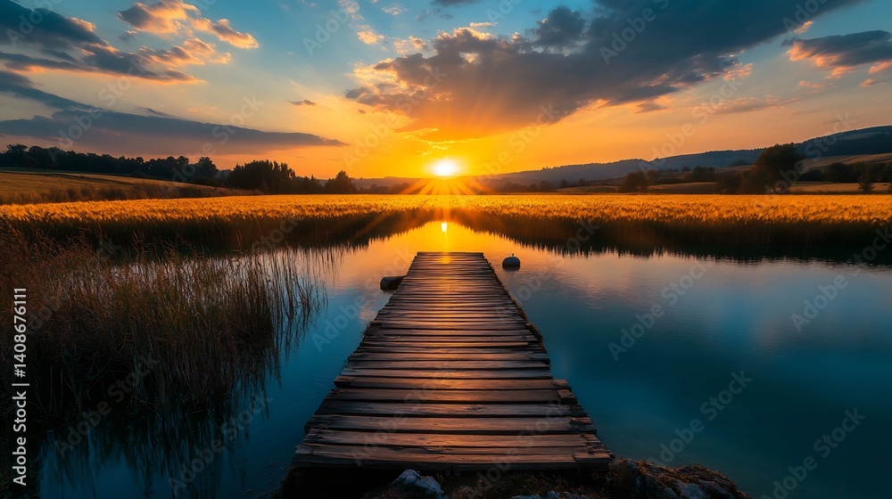 Fototapeta premium Breathtaking sunset over a floating wooden bridge spanning a crystal clear lake surrounded by golden fields