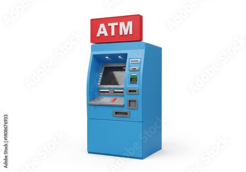 A blue atm machine with a red sign on top isolated on a white background in a studio setting