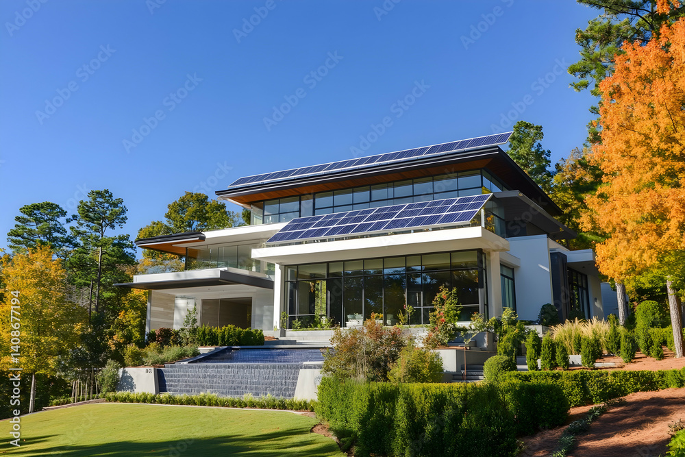 Modern Solar Panels Installed on an Atlanta Home Under Clear Blue Sunny Sky, Solar Photography, Solar Powered Clean Energy, Sustainable Resources, Electricity Source. Modern Solar Panels Installed on an Atlanta Home Under Clear Blue Sunny Sky, Solar Photography, Solar Powered Clean Energy, Sustainable Resources, Electricity Source.