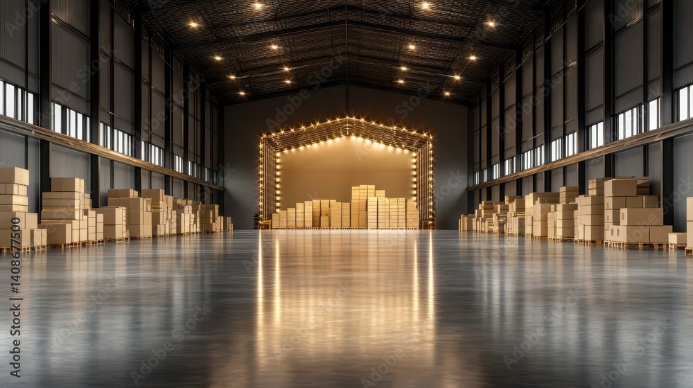 Naklejka premium A spacious warehouse filled with numerous stacked boxes throughout the area.