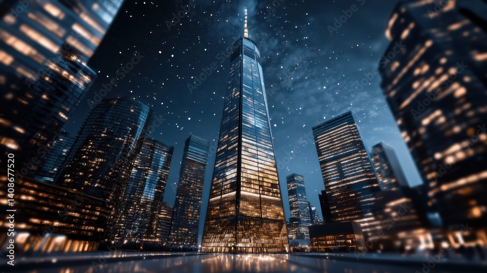 Fototapeta premium City skyline at night with illuminated skyscrapers shining brightly.