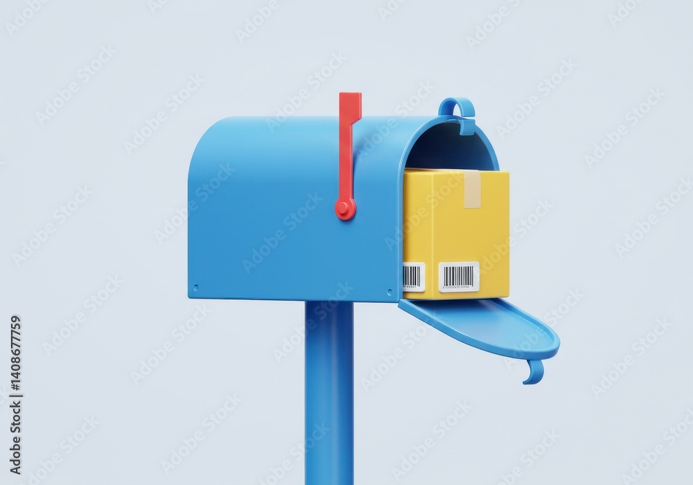 A blue mailbox with a yellow package inside against a plain light background illustration render A blue mailbox with a yellow package inside against a plain light background illustration render