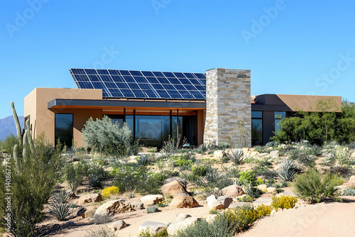 Modern Solar Panels Installed on a Mesa Home Under Clear Blue Sunny Sky, Solar Photography, Solar Powered Clean Energy, Sustainable Resources, Electricity Source.