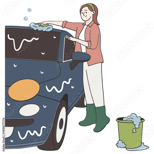 Young woman washing car