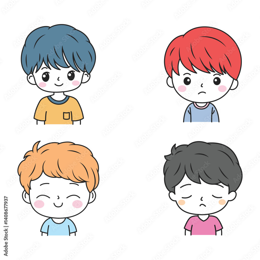 Set of Cute Little Boy Kid Cartoon Character Wearing Casual Clothes with Mood Expression Set of Cute Little Boy Kid Cartoon Character Wearing Casual Clothes with Mood Expression