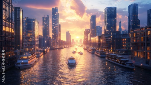 Wallpaper Mural Sunset cityscape, river boats, skyscrapers, twilight, canal, urban, travel,  poster Torontodigital.ca