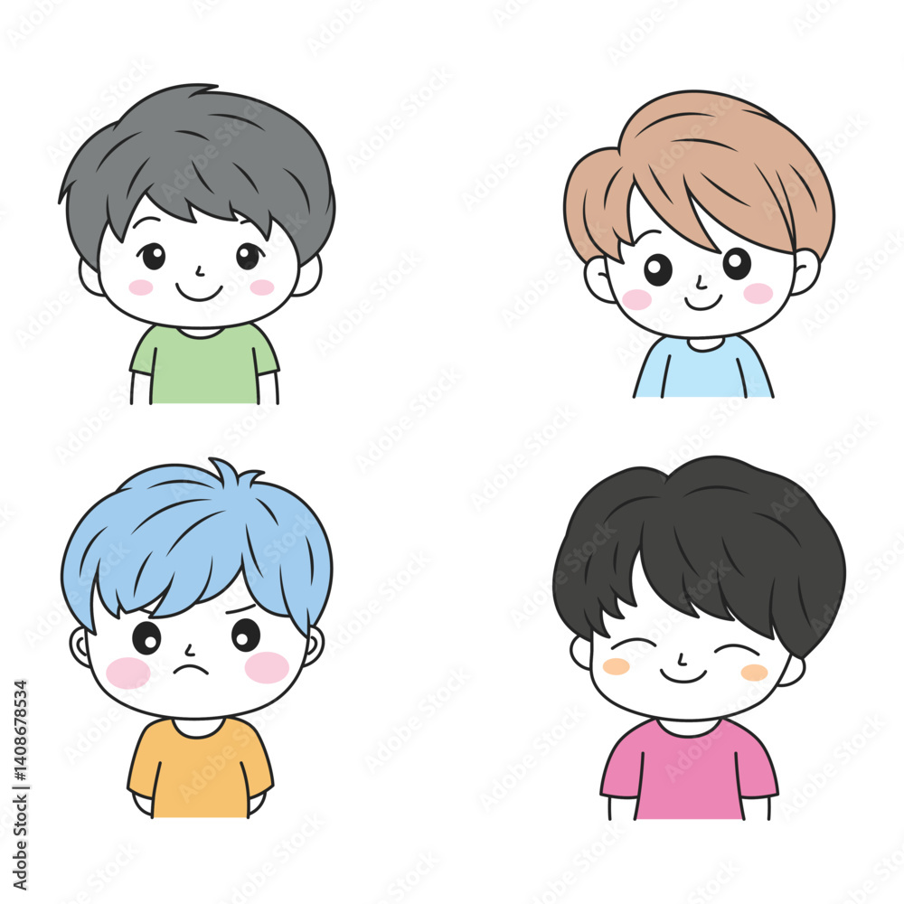 Set of Cute Little Boy Kid Cartoon Character Wearing Casual Clothes with Mood Expression Set of Cute Little Boy Kid Cartoon Character Wearing Casual Clothes with Mood Expression