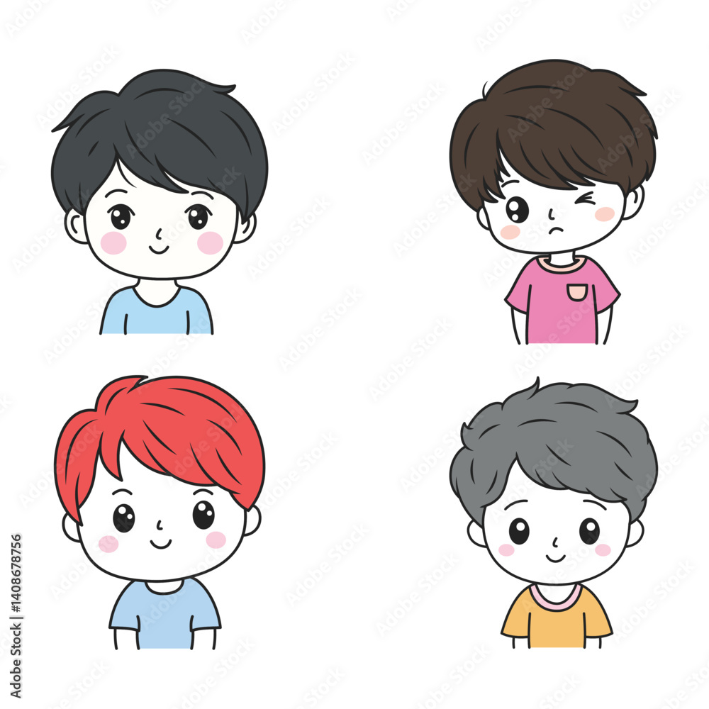 Set of Cute Little Boy Kid Cartoon Character Wearing Casual Clothes with Mood Expression Set of Cute Little Boy Kid Cartoon Character Wearing Casual Clothes with Mood Expression