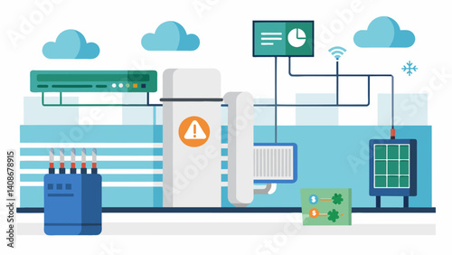 An air conditioning system in a commercial building equipped with sensors that measure coolant levels and send alerts when maintenance is needed to avoid system failure.. Vector illustration