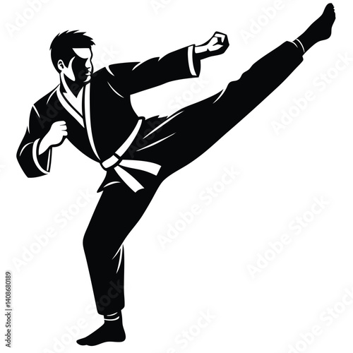 Asian Karate Athlete High Kick Silhouette With Fighting Stance on White Background