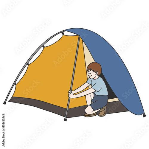 Little boy building a camping tent