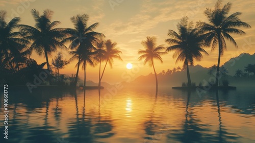 Serene Tropical Sunset Reflecting on Calm Water with Palm Trees