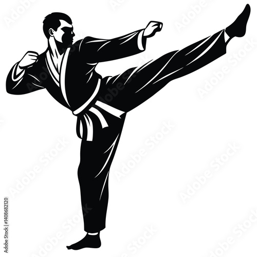 Black silhouette of Asian male kicking with kimono and belt on transparent background