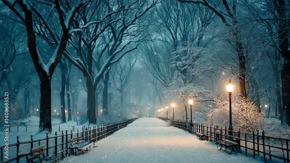 Tranquil winter scene in a snow-covered park, path lined with glowing lamps and empty benches, trees covered in ice and snow