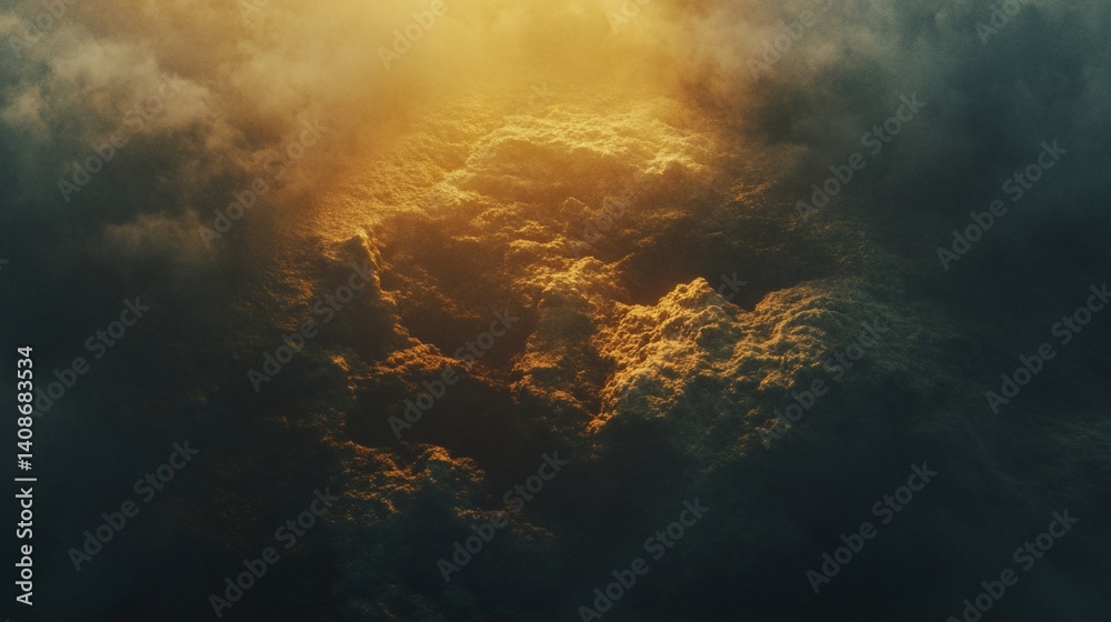 Naklejka premium Golden light illuminates a textured landscape with dark moody surroundings creating a dramatic contrast