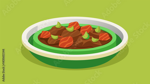An earthenware dish b with tender marinated beef strips dd in a velvety blanket of green pepian sauce.. Vector illustration